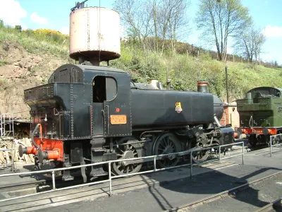 1501, a GWR 1500 Class pannier tank locomotive, standing on a turntable
